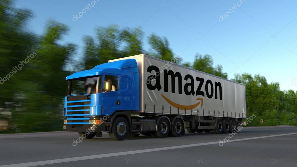 Freight semi truck with Amazon.com logo driving along forest road. Editorial 3D