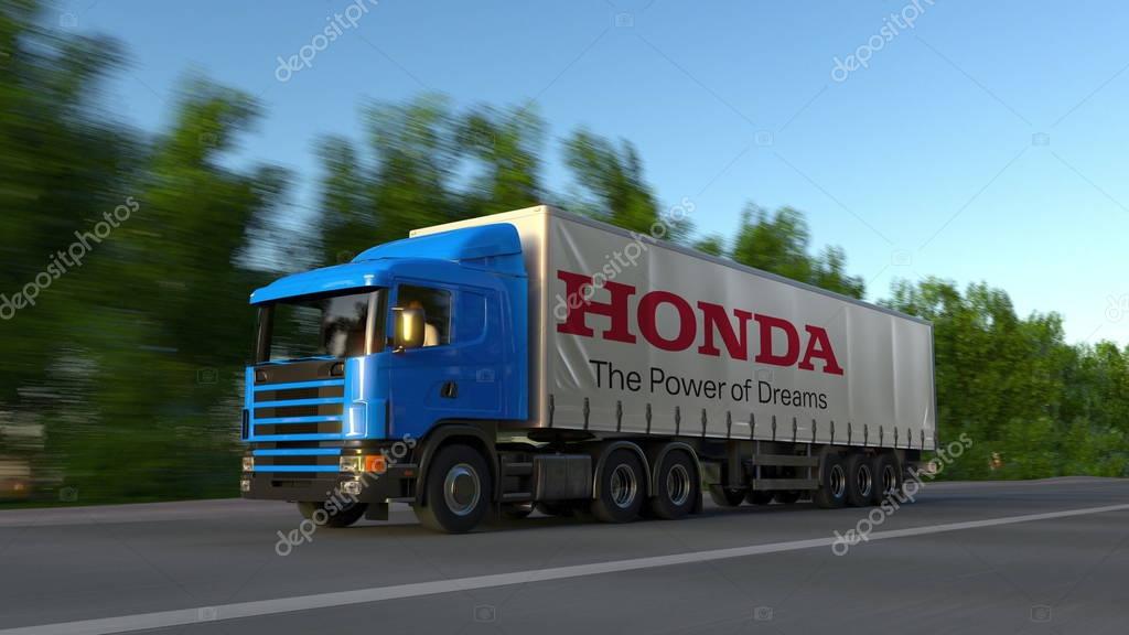 Freight semi truck with Honda logo driving along forest road. Editorial 3D