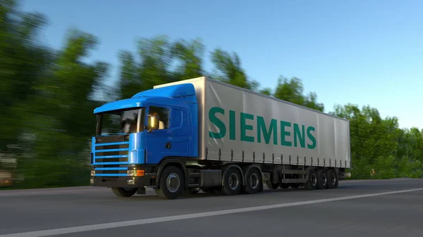 与西门子 logo 驱车行驶在森林道路货运半卡车。编辑 3d 渲染 — 图库照片