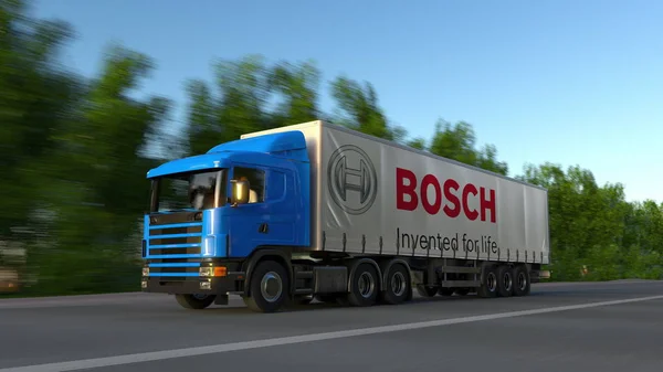 Semirremolque de carga con el logotipo de Robert Bosch GmbH conduciendo a lo largo de la carretera forestal. Representación Editorial 3D — Foto de Stock