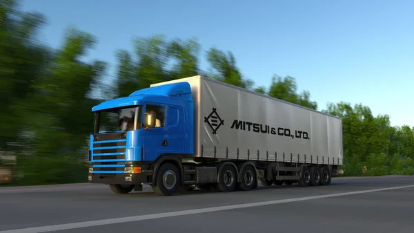 Вантажні підлозі вантажівки з логотипом Міцуї і Ко, проїжджаючи по лісовій дорозі. Редакційні 3d-рендерінг — стокове фото