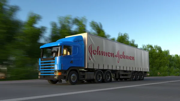 Ładunku naczepa ciężarówki z Johnson and Johnson logo jazdy wzdłuż dróg leśnych. Redakcji renderowania 3d — Zdjęcie stockowe