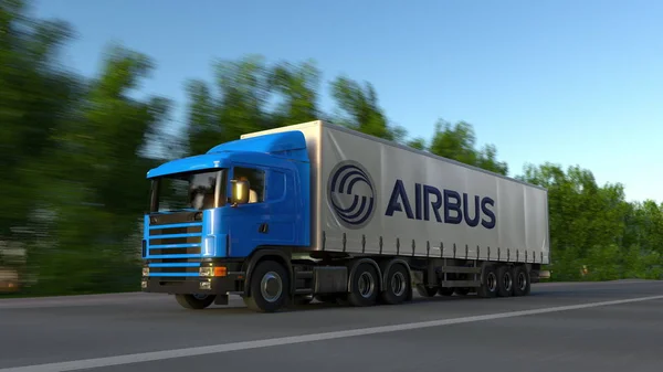 Вантажні підлозі вантажівки з логотипом Airbus, проїжджаючи по лісовій дорозі. Редакційні 3d-рендерінг — стокове фото