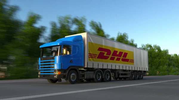 Вантажні підлозі вантажівки з логотипом Dhl Express, проїжджаючи по лісовій дорозі. Редакційні 3d-рендерінг — стокове фото