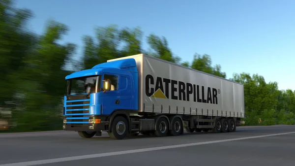 Вантажні підлозі вантажівки з логотипом Caterpillar Инк проїжджаючи по лісовій дорозі. Редакційні 3d-рендерінг — стокове фото