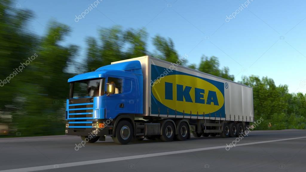 Freight semi truck with Ikea logo driving along forest road. Editorial 3D