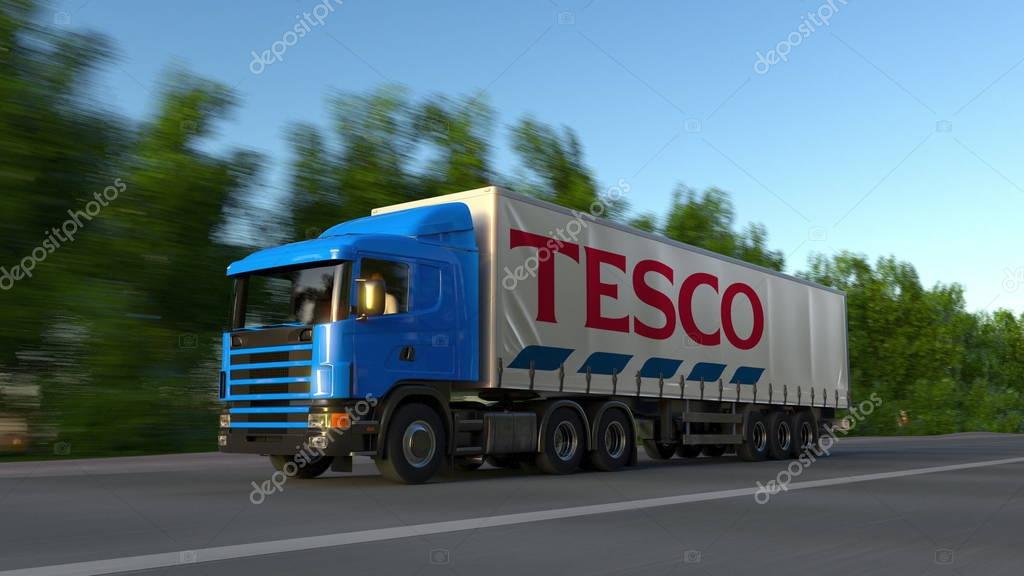Freight semi truck with Tesco logo driving along forest road. Editorial 3D