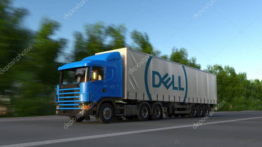 Freight semi truck with Dell Inc. logo driving along forest road. Editorial 3D