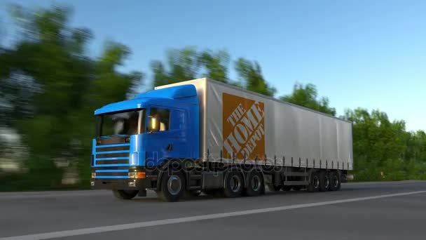 Vracht semi vrachtwagen met The Home Depot logo rijden langs bos weg, naadloze loops. Redactioneel 4k clip — Stockvideo