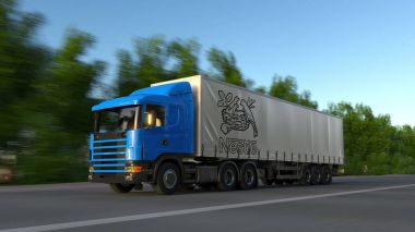 Freight semi truck with Nestle logo driving along forest road. Editorial 3D rendering clipart