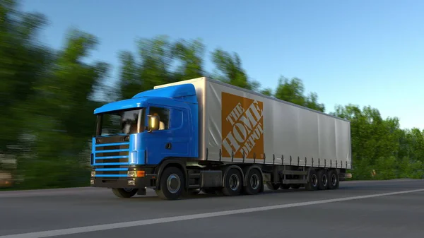 Freight semi truck with The Home Depot logo driving along forest road. Editorial 3D rendering — Stock Photo, Image