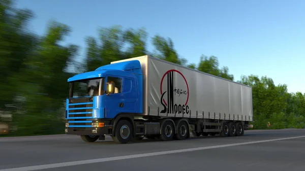 Freight semi truck with Sinopec logo driving along forest road. Editorial 3D rendering — Stock Photo, Image