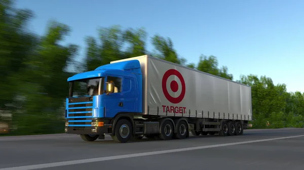 Вантажні підлозі вантажівки з логотипом цільової корпорації, проїжджаючи по лісовій дорозі. Редакційні 3d-рендерінг — стокове фото