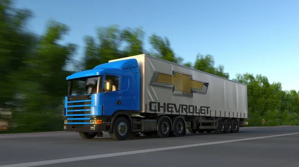 Грузовой полугрузовик с логотипом Chevrolet едет по лесной дороге. Редакционная 3D рендеринг — стоковое фото