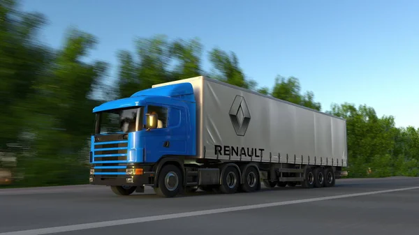 Вантажні підлозі вантажівки з логотипом Groupe Renault проїжджаючи по лісовій дорозі. Редакційні 3d-рендерінг — стокове фото