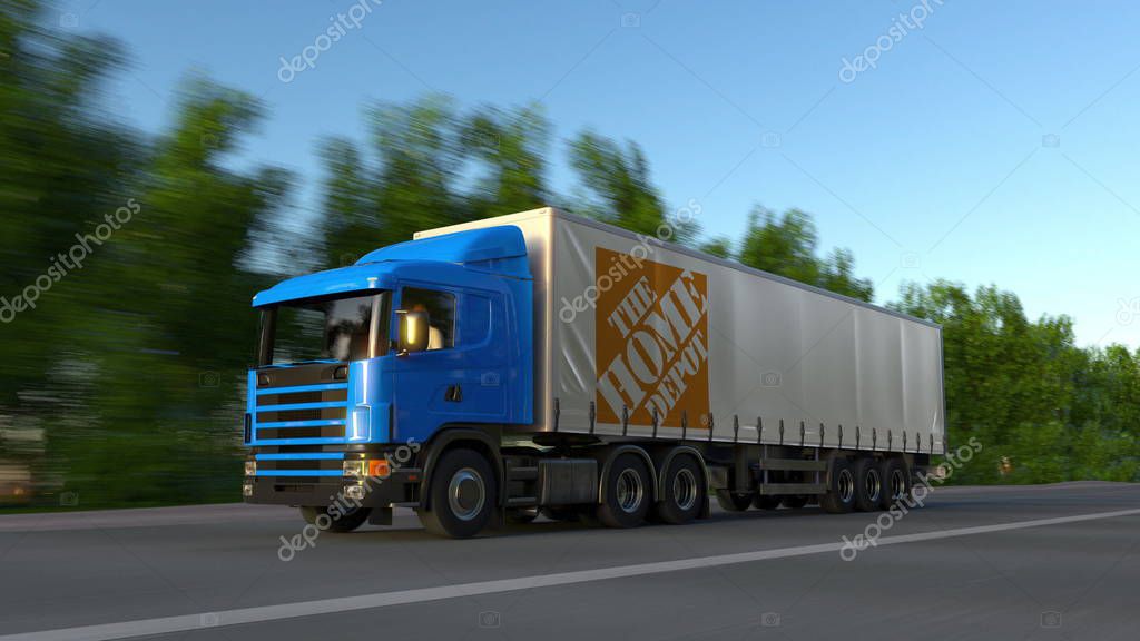 Freight semi truck with The Home Depot logo driving along forest road. Editorial 3D