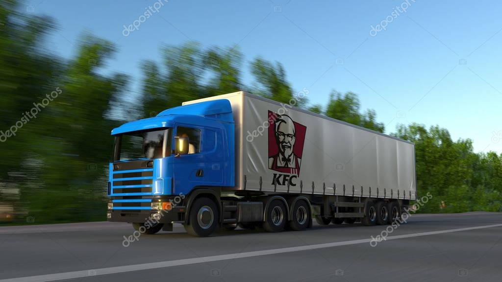 Freight semi truck with Kentucky Fried Chicken KFC logo driving along forest road. Editorial 3D