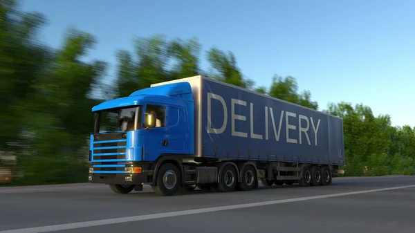 Pędzącego towarowego ciężarówki naczepy dostawy podpis na przyczepie. Transport drogowy ładunków. renderowania 3D — Zdjęcie stockowe