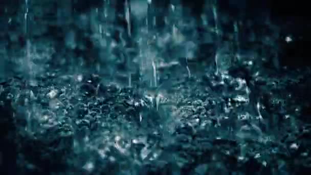 Water drops hitting foamy surface in the dark close-up slow motion video — Stock Video
