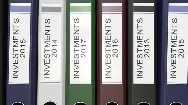 Múltiples carpetas de oficina con etiquetas de texto Investments 3D renderizado diferentes años —  Fotos de Stock