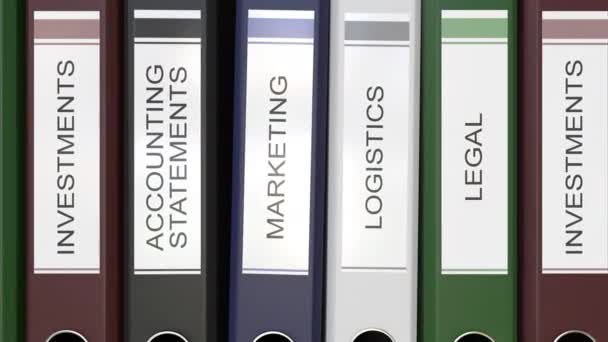 Várias pastas de escritório com departamentos corporativos etiquetas de texto renderização 3D — Vídeo de Stock
