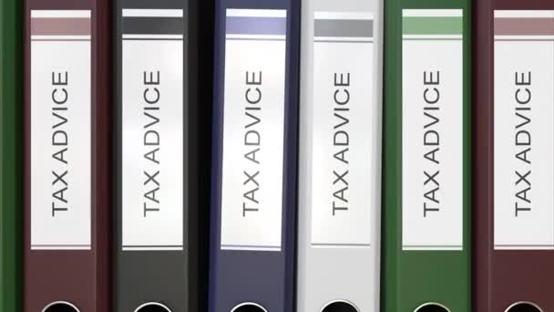 Πολλούς φακέλους γραφείο με φορολογικές συμβουλές κείμενο ετικέτες 3d rendering — Αρχείο Βίντεο