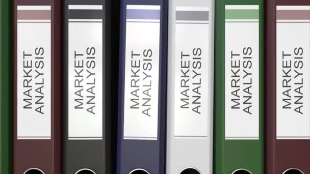 Múltiples carpetas de oficina con etiquetas de texto de análisis de mercado 3D renderizado diferentes años — Vídeos de Stock