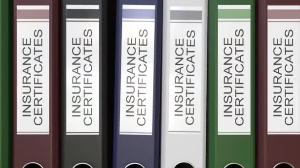 Múltiples carpetas de oficina con certificados de seguros etiquetas de texto renderizado 3D — Vídeos de Stock