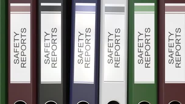 Multiple office folders with Safety reports text labels 3D rendering — Stock Video