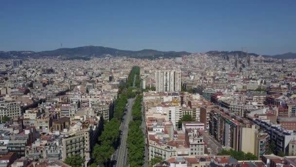 Barcelona city aerial descending shot, Spain. Famous Sagrada Familia, Basilica and Expiatory Church of the Holy Family. 4K video — Stock Video