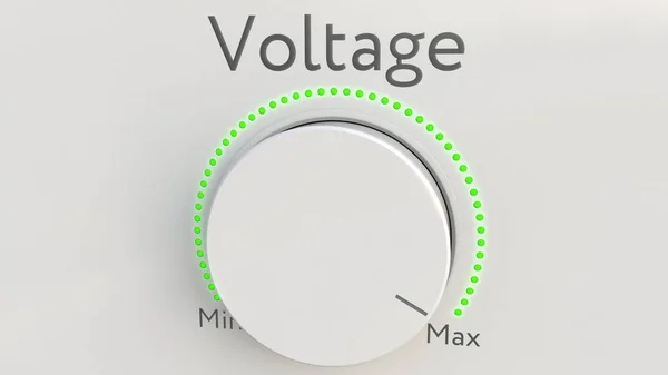 Girando perilla de alta tecnología blanca con inscripción de voltaje de mínimo a máximo. Renderizado 3D conceptual — Foto de Stock