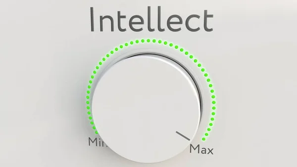 Turning white hi-tech knob with intellect inscription from minimum to maximum. Conceptual 3D rendering — Stock Photo, Image