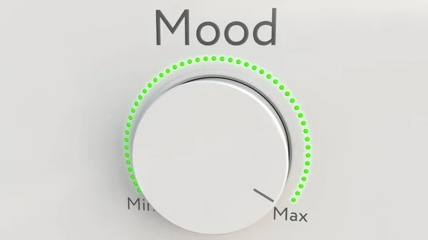Girando perilla de alta tecnología blanca con inscripción de estado de ánimo de mínimo a máximo. Renderizado 3D conceptual —  Fotos de Stock