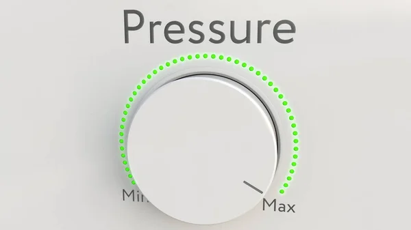 Turning white hi-tech knob with pressure inscription from minimum to maximum. Conceptual 3D rendering — Stock Photo, Image