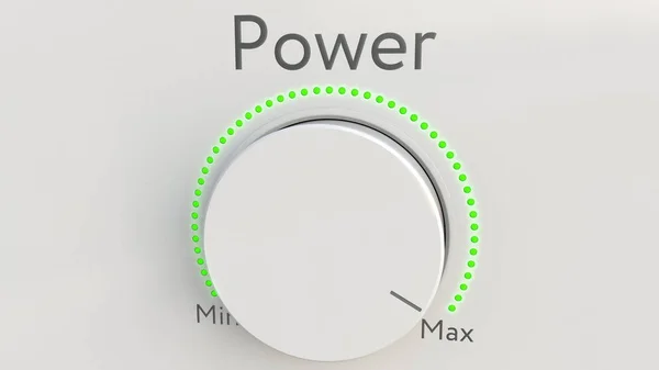 Drehen weißer High-Tech-Knopf mit Power-Aufschrift vom Minimum zum Maximum. konzeptionelles 3D-Rendering — Stockfoto