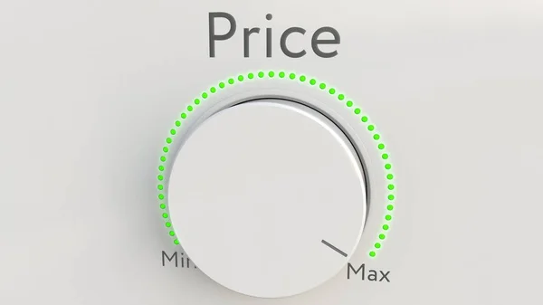 Pomello hi-tech bianco girevole con iscrizione del prezzo da minimo a massimo. Rendering 3D concettuale — Foto Stock