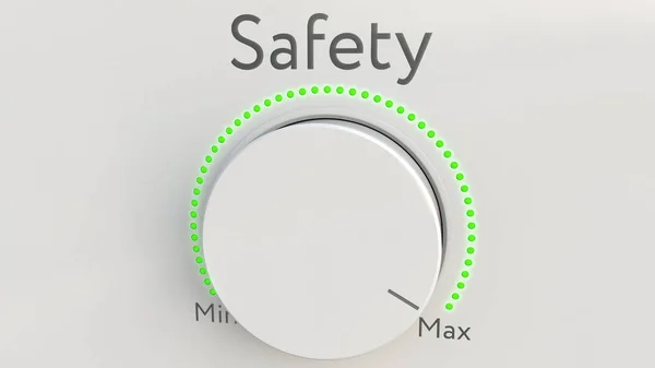 Fehér hi-tech gomb biztonsági felirat a minimális, maximális fordult. Konceptuális 3d-leképezés — Stock Fotó