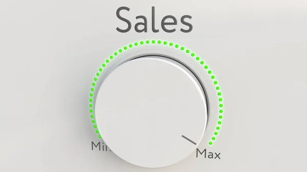 旋钮白色高科技与销售题字从最小到最大。3d 渲染概念 — 图库照片