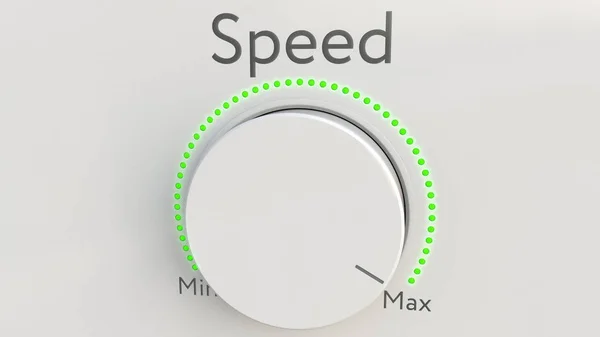 Girando perilla de alta tecnología blanca con inscripción de velocidad de mínimo a máximo. Renderizado 3D conceptual —  Fotos de Stock