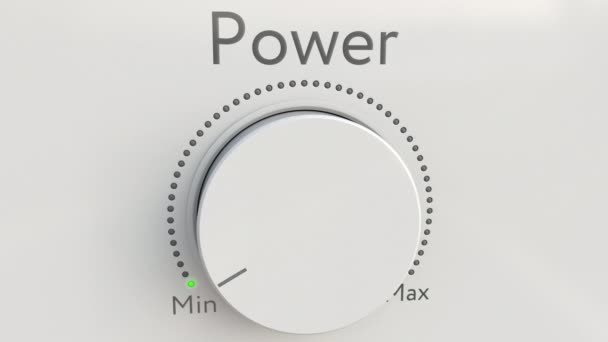 Drehen weißer High-Tech-Knopf mit Power-Aufschrift vom Minimum zum Maximum. Konzeptioneller 4k-Clip — Stockvideo