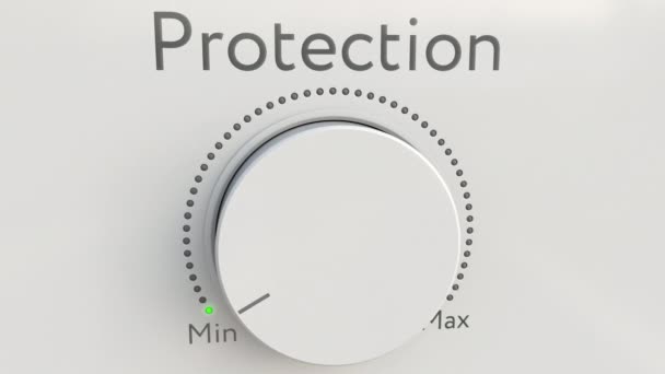 Rodar o botão branco de alta tecnologia com inscrição de proteção do mínimo ao máximo. Clipe 4K conceitual — Vídeo de Stock