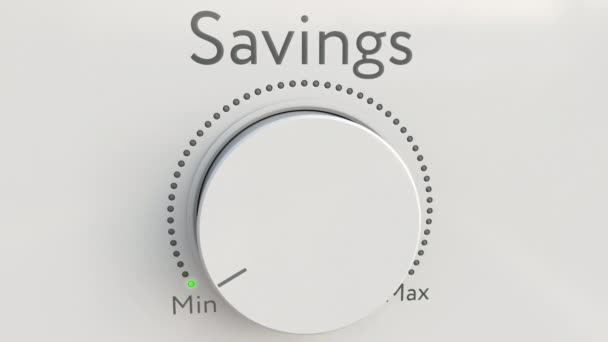 Turning white hi-tech knob with savings inscription from minimum to maximum. Conceptual 4K clip — Stock Video