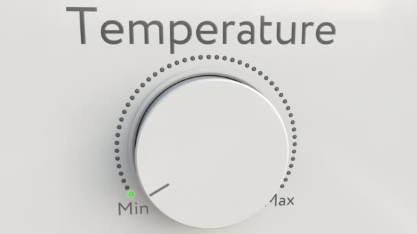 Girando perilla de alta tecnología blanca con inscripción de temperatura de mínimo a máximo. Clip conceptual 4K — Vídeos de Stock