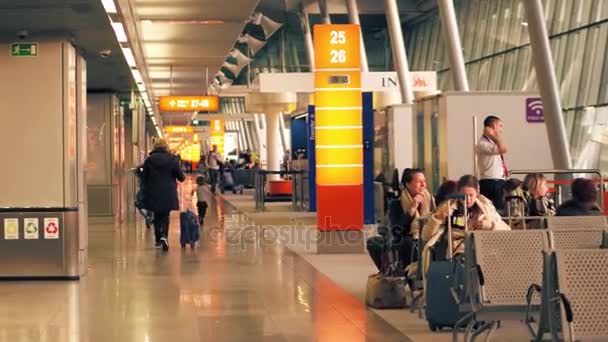 Varşova, Polonya - 14 Nisan 2017. Steadicam uluslararası Chopin Havaalanı terminal, alan yatılı bir kadeh. 4k video — Stok video