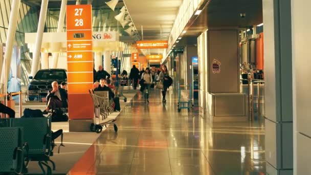 WARSAW, POLÓNIA - 14 de abril de 2017. Passageiros no aeroporto internacional de Chopin terminal à noite. Clipe de steadicam 4K — Vídeo de Stock