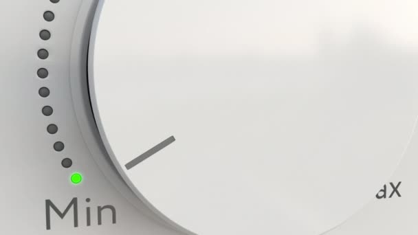 Rodar o botão de alta tecnologia branco com legenda de energia do mínimo ao máximo, close-up. Clipe 4K conceitual — Vídeo de Stock