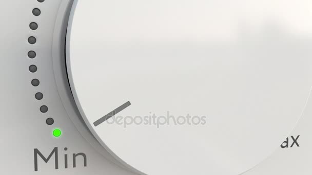 Girando perilla de alta tecnología blanca con subtítulos de temperatura de mínimo a máximo, primer plano. Clip conceptual 4K — Vídeos de Stock