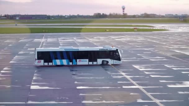 WARSAW, POLÓNIA - 14 de abril de 2017. Ônibus do aeroporto Cobus dirigindo no aeródromo. 4K tiro — Vídeo de Stock