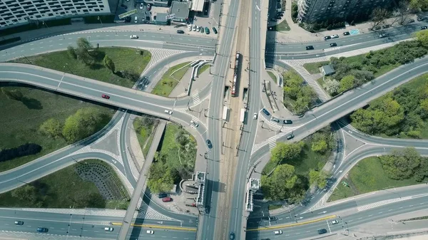 Aerial of big urban road junction, top down view — Stock Photo, Image
