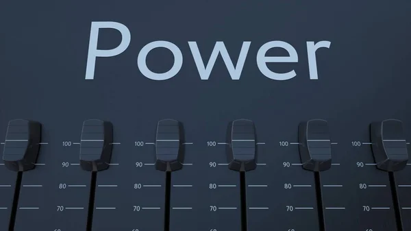 Multiple sliding faders on a panel with power inscription. Conceptual 3D rendering — Stock Photo, Image